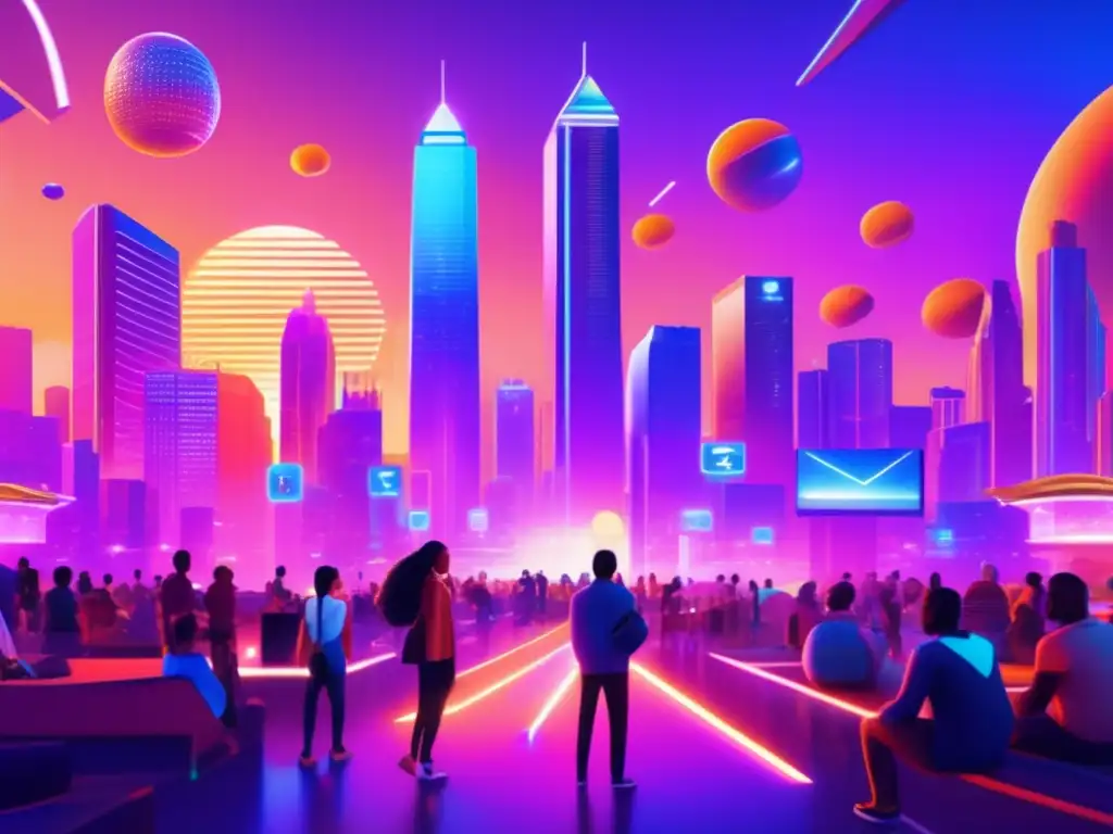Comunidad vibrante en ciudad futurista con ICOs Importancia ICOs en financiación comunitaria
