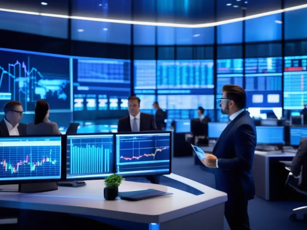 Traders analizando gráficos en una sala de operaciones futurista Importancia del índice de sentimiento inversor en estrategias de inversión
