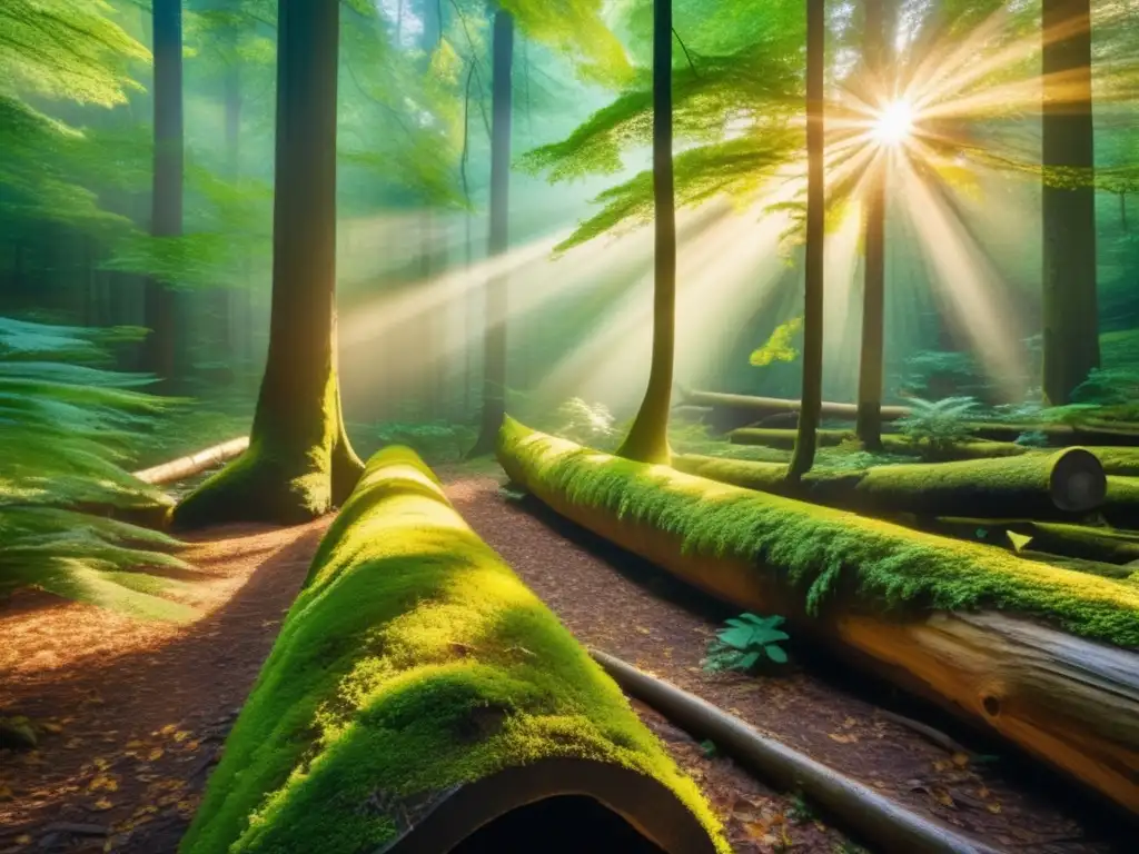 Bosque encantado con árboles altos y luz dorada Importancia inversión cambio climático en bosque con árboles altos, luz dorada, follaje verde, detalles hojas, rocas musgosas, arroyo cristalino