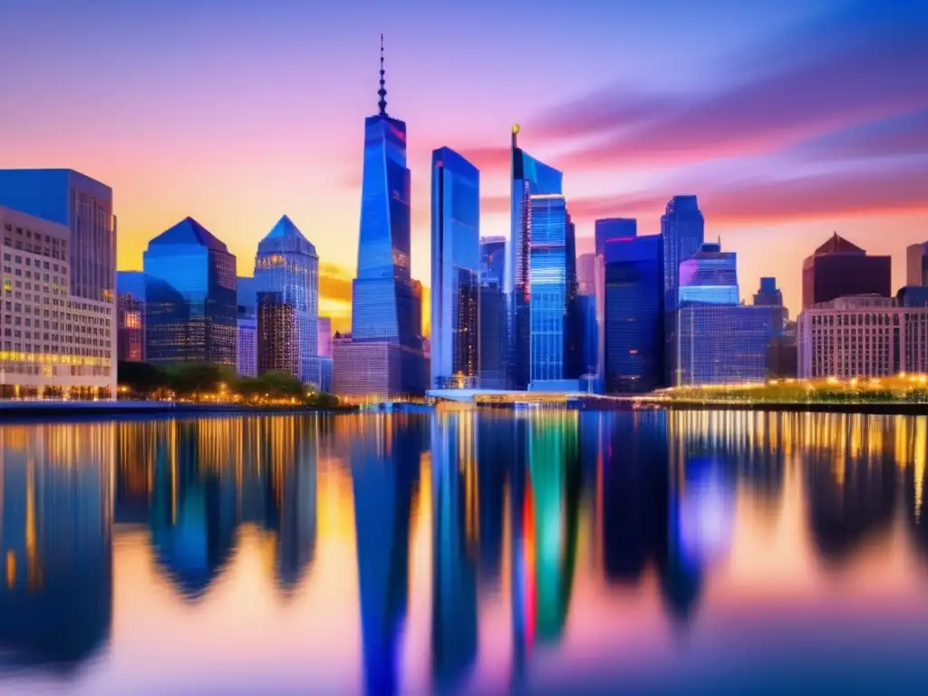Ciudad financiera iluminada al anochecer Importancia intuición en inversiones - Ciudad financiera moderna al anochecer, edificios iluminados reflejados en el río