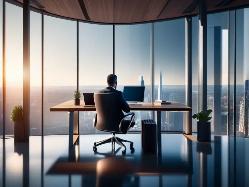 Empresario reflexivo en oficina moderna Importancia de la intuición en inversiones: empresario analizando datos financieros en oficina moderna