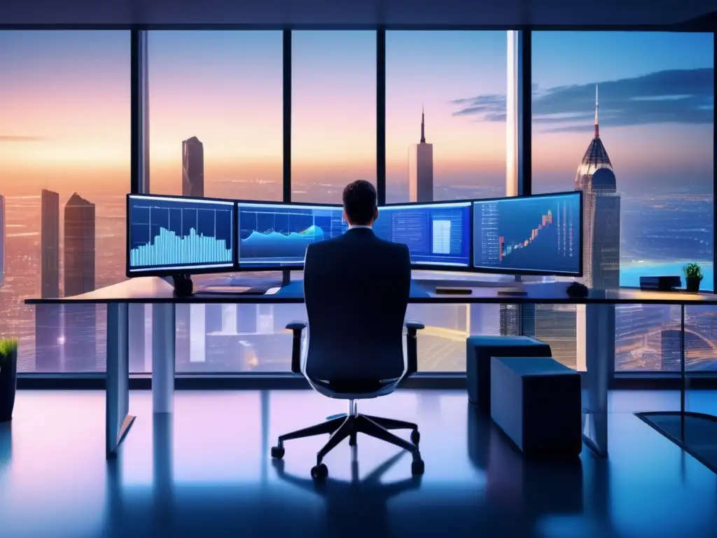 Oficina moderna con vista impresionante Importancia de la intuición en inversiones: Oficina moderna con vista impresionante, profesionales concentrados en datos y gráficos