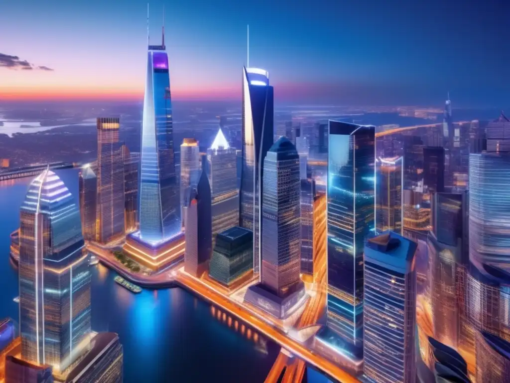 Ciudad financiera vibrante de noche Importancia de la liquidez en inversiones: Ciudad financiera nocturna con rascacielos iluminados y vibrante energía