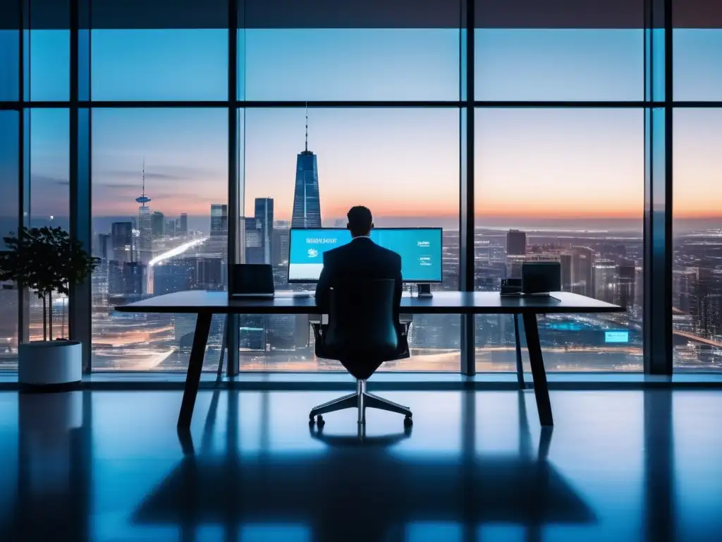 Oficina moderna con vista a la ciudad y tecnología avanzada Importancia de la liquidez en inversiones: Oficina moderna con vista panorámica y profesional confiado en traje cercano a mesa de inversiones