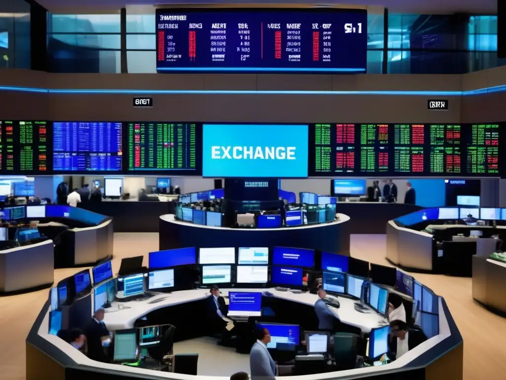 Piso de bolsa: Energía y dinamismo Importancia de la liquidez en inversiones: Piso de bolsa lleno de traders, gráficos y decisiones