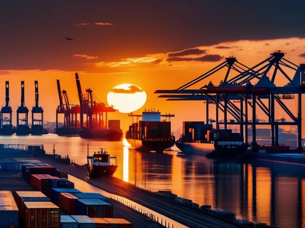 Puerto industrial con puesta de sol y barco de carga Importancia de materias primas en inversión: atardecer dorado sobre ciudad vibrante, puerto industrial y barco cargado de contenedores