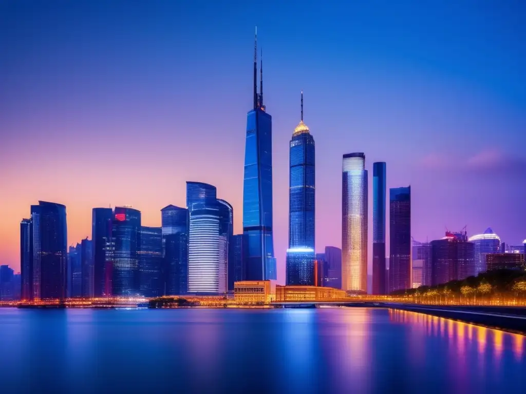 Ciudad moderna al anochecer, símbolo de estabilidad económica y crecimiento Importancia de materias primas en inversión: ciudad moderna con rascacielos iluminados, símbolo de estabilidad y crecimiento económico