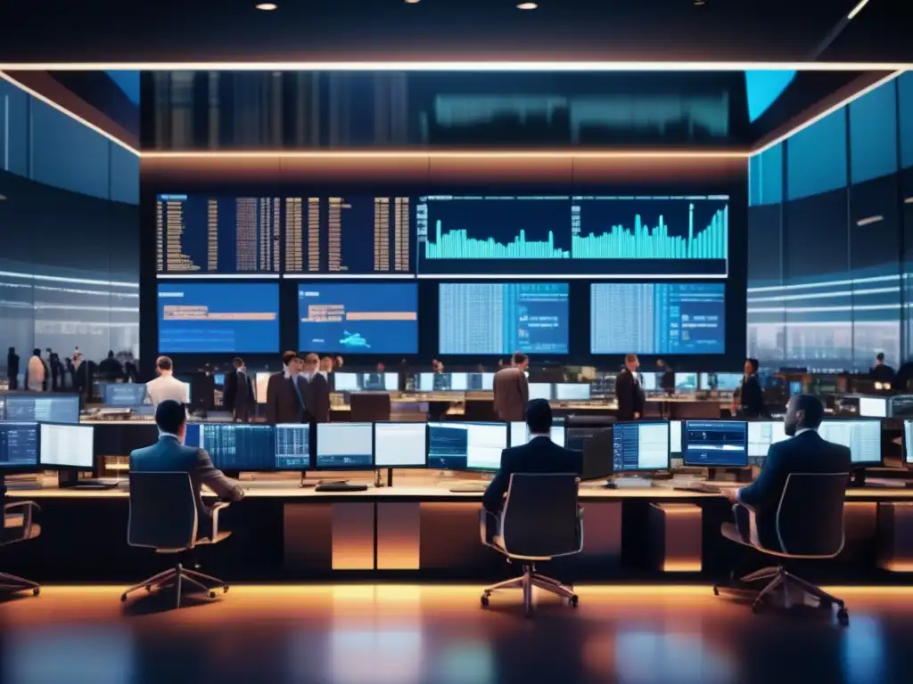 Traders ocupados en piso de operaciones Importancia materias primas en inversión - Trading de commodities en un piso lleno de traders, discutiendo y tomando decisiones precisas