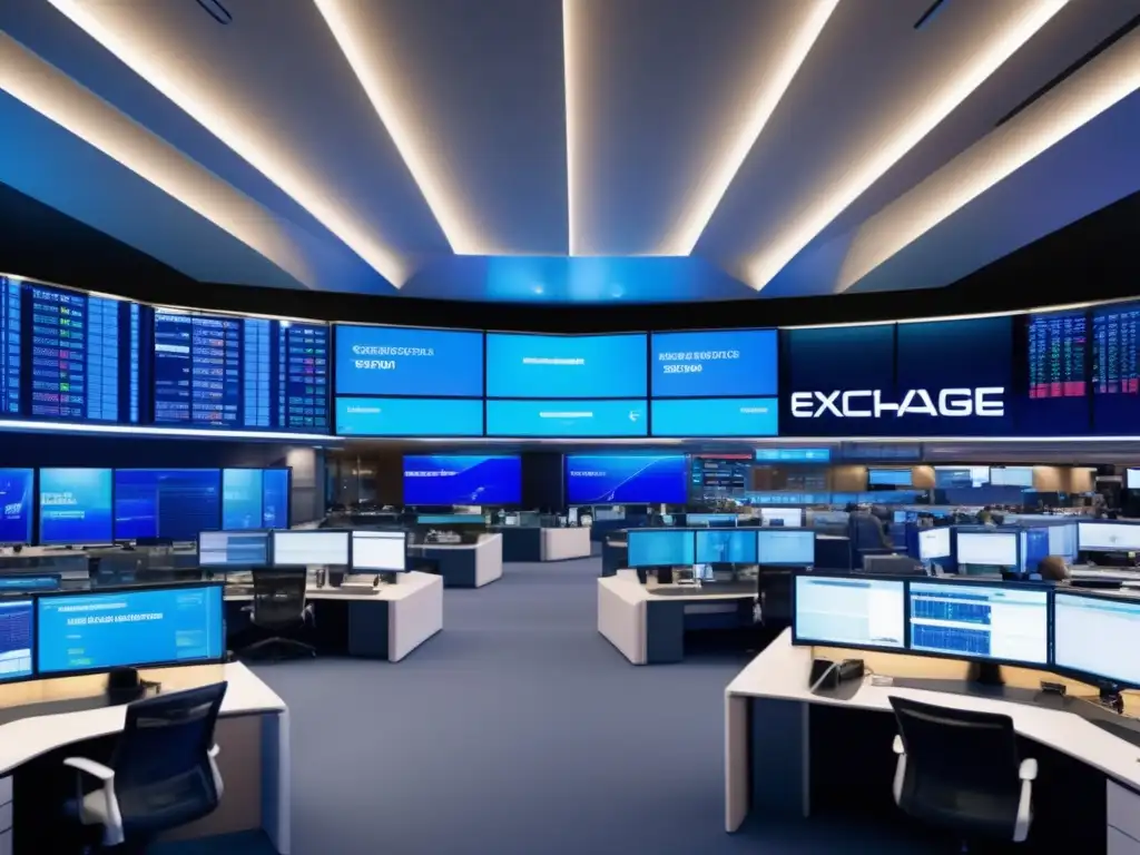 Piso de commodities moderno y vibrante Importancia de materias primas en inversión: Vista panorámica de una moderna bolsa de valores con traders discutiendo y analizando datos en tiempo real