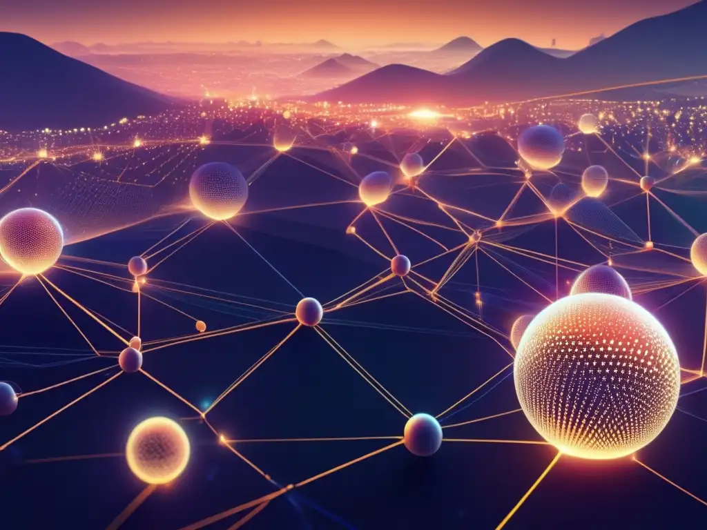 Red de Criptomonedas Interconectada Importancia de nodos en criptomonedas: Red interconectada de nodos en ambiente futurista, representando estructura compleja y eficiencia