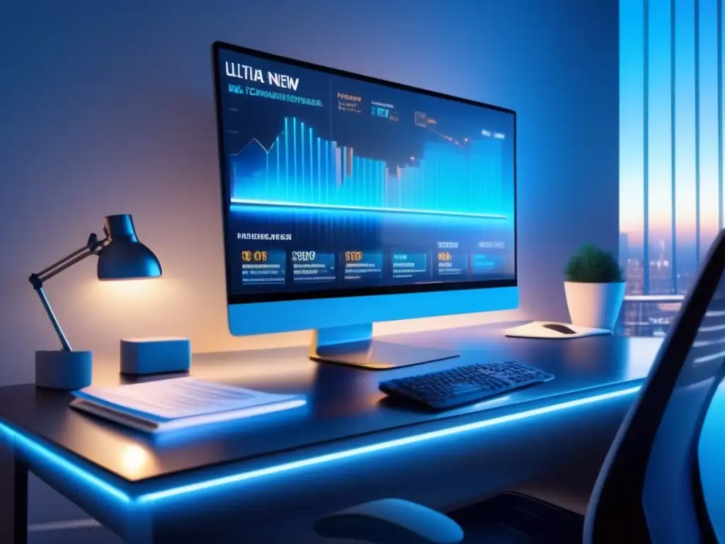 Espacio de trabajo moderno con monitor financiero Importancia noticias inversión: Espacio trabajo moderno con escritorio elegante, monitor hightech muestra datos financieros en tiempo real y titulares