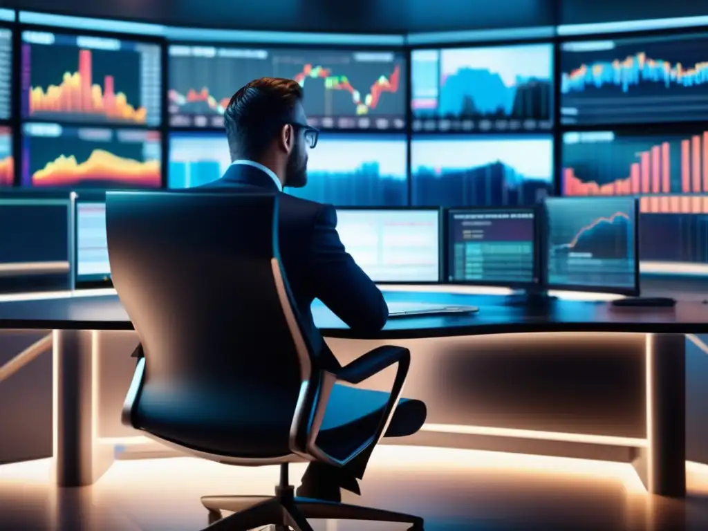 Moderna oficina de trading con análisis sentimental Importancia de noticias en inversión: moderno escritorio de trading con múltiples pantallas y trader analizando gráficos