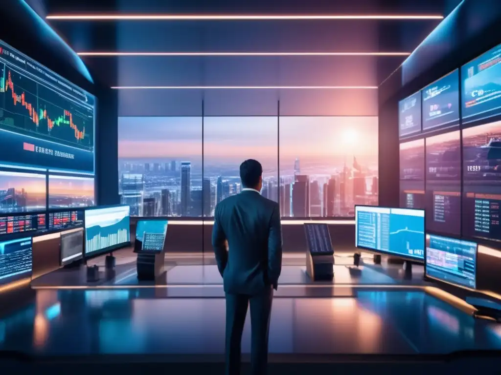 Traders analizando datos financieros en sala futurista Importancia noticias inversión: Trading futurista, profesionales analizando datos financieros en sala moderna, con vista panorámica de ciudad