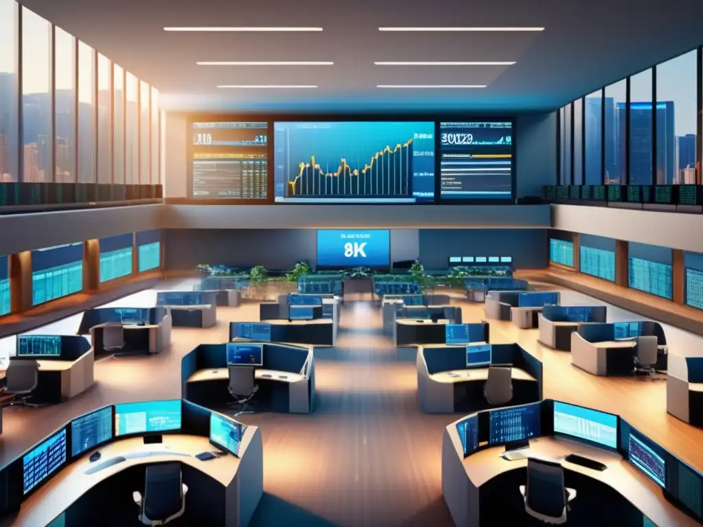 Piso de bolsa moderno y dinámico Importancia de noticias en inversión: Mercado bursátil con traders analizando datos y noticias, en un ambiente de eficiencia y colaboración