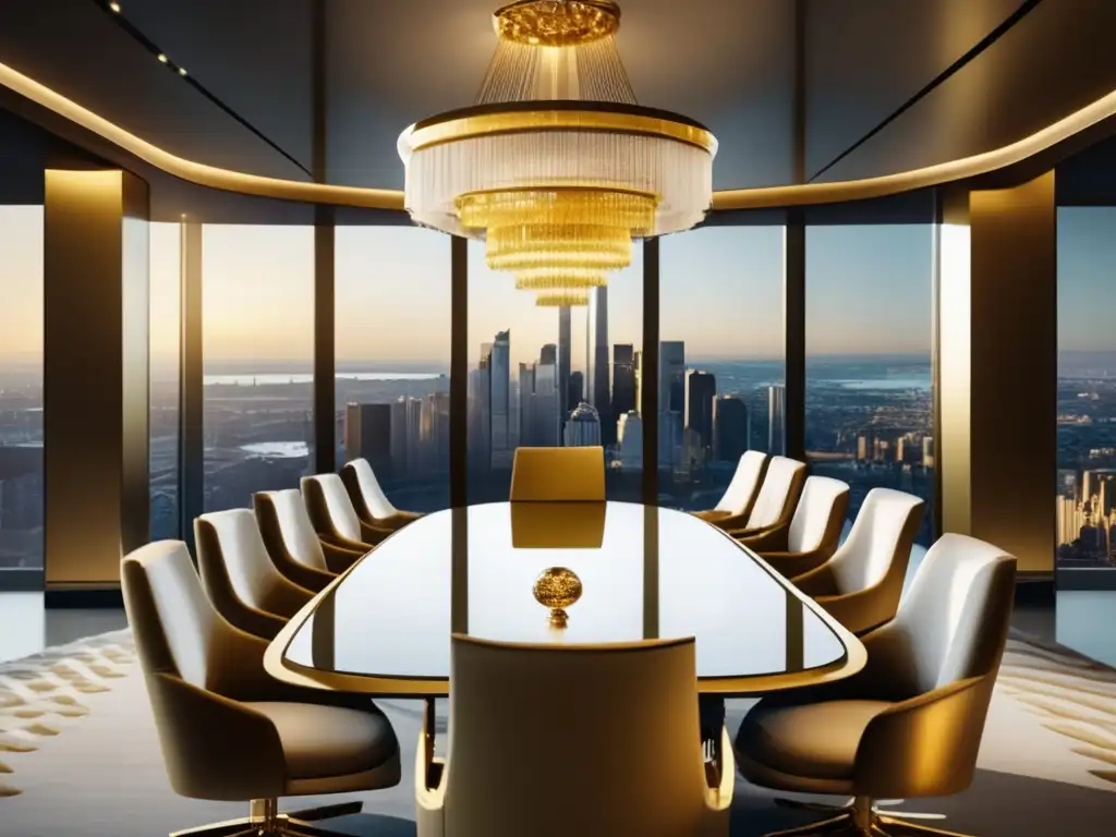 Importancia del patrón oro en inversiones: sala de juntas lujosa con vista a la ciudad, adornada con detalles dorados y profesionales discutiendo