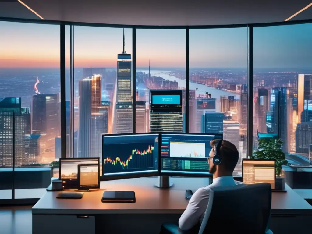 Éxito financiero a través de la paciencia Importancia de la paciencia en inversiones: Oficina de trading moderna, inversores profesionales, ambiente calmado y centrado, símbolos de paciencia