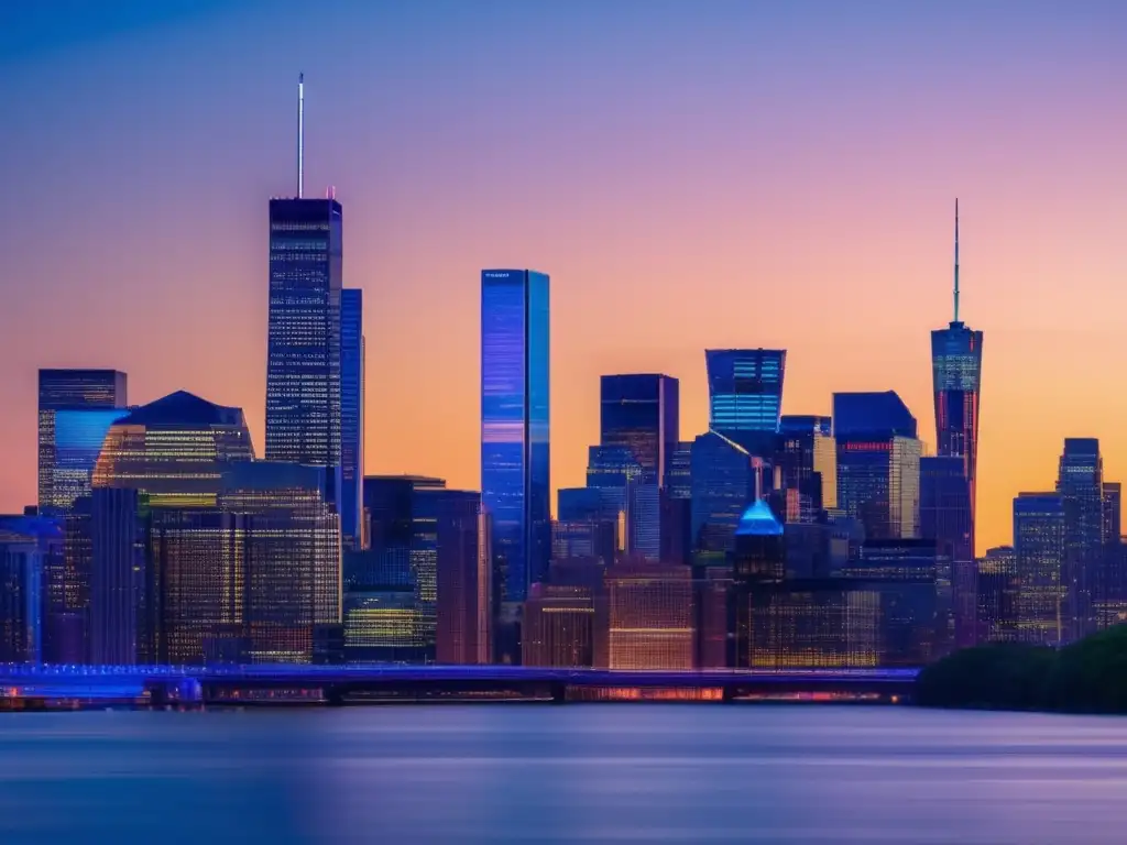 Ciudad moderna al atardecer con edificio Dow Jones Importancia Dow Jones como predictor económico