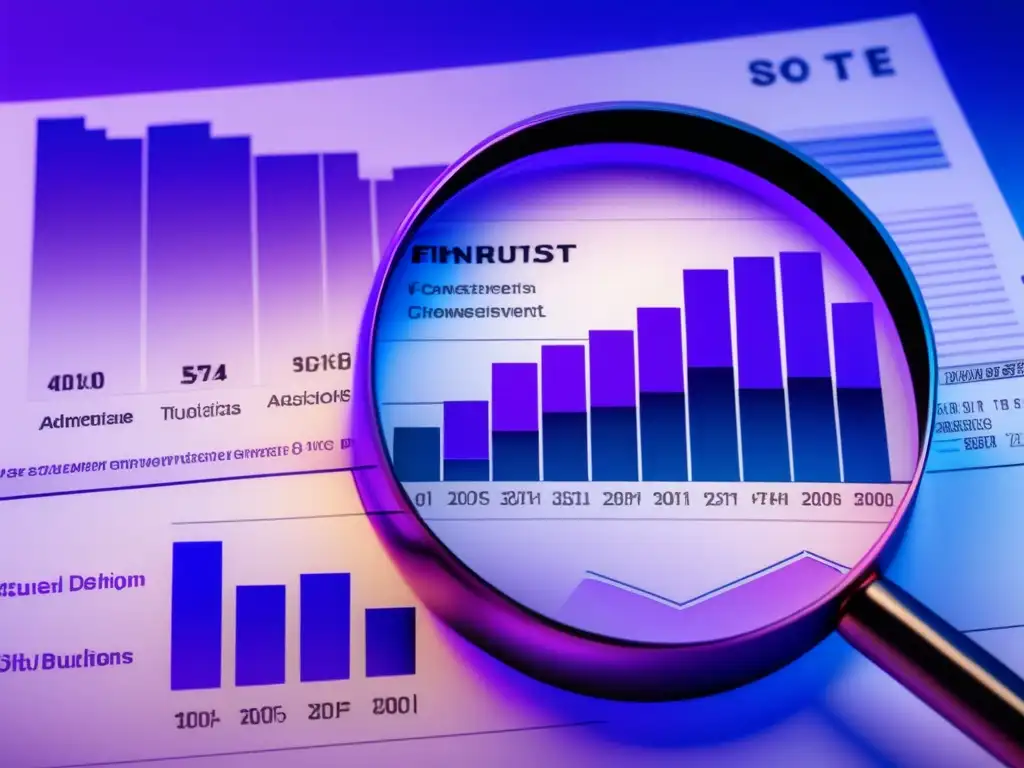 Análisis financiero con lupa Importancia Stop Loss y Take Profit en inversiones - Imagen atractiva con gráfico financiero y lupa, simbolizando análisis cuidadoso y volatilidad