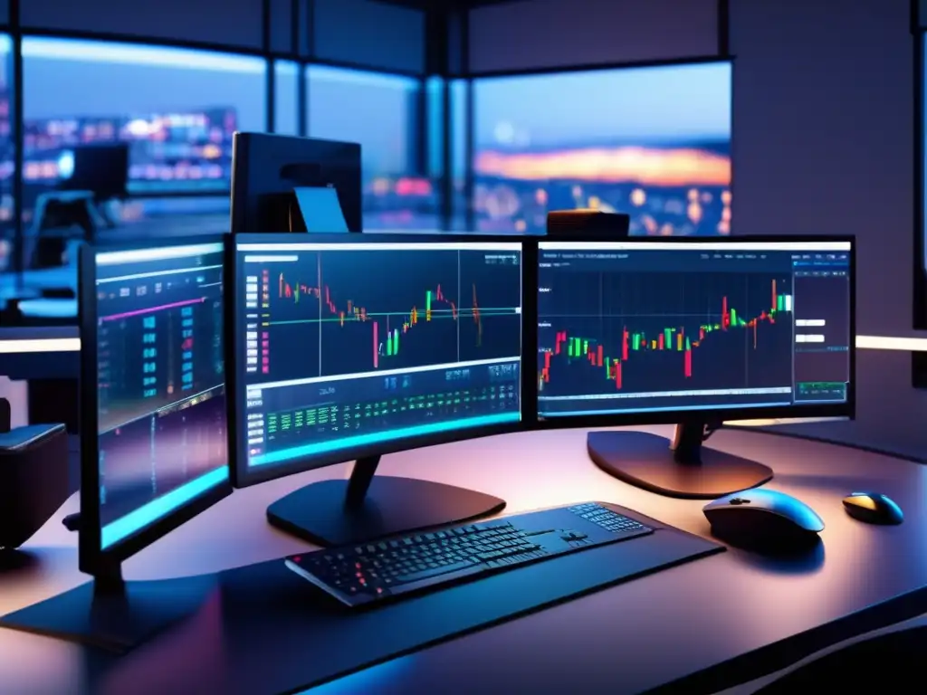Trading desk profesional con equipamiento de alta calidad Importancia de Stop Loss y Take Profit en inversiones: Imagen de un escritorio de trading 8K ultradetallado
