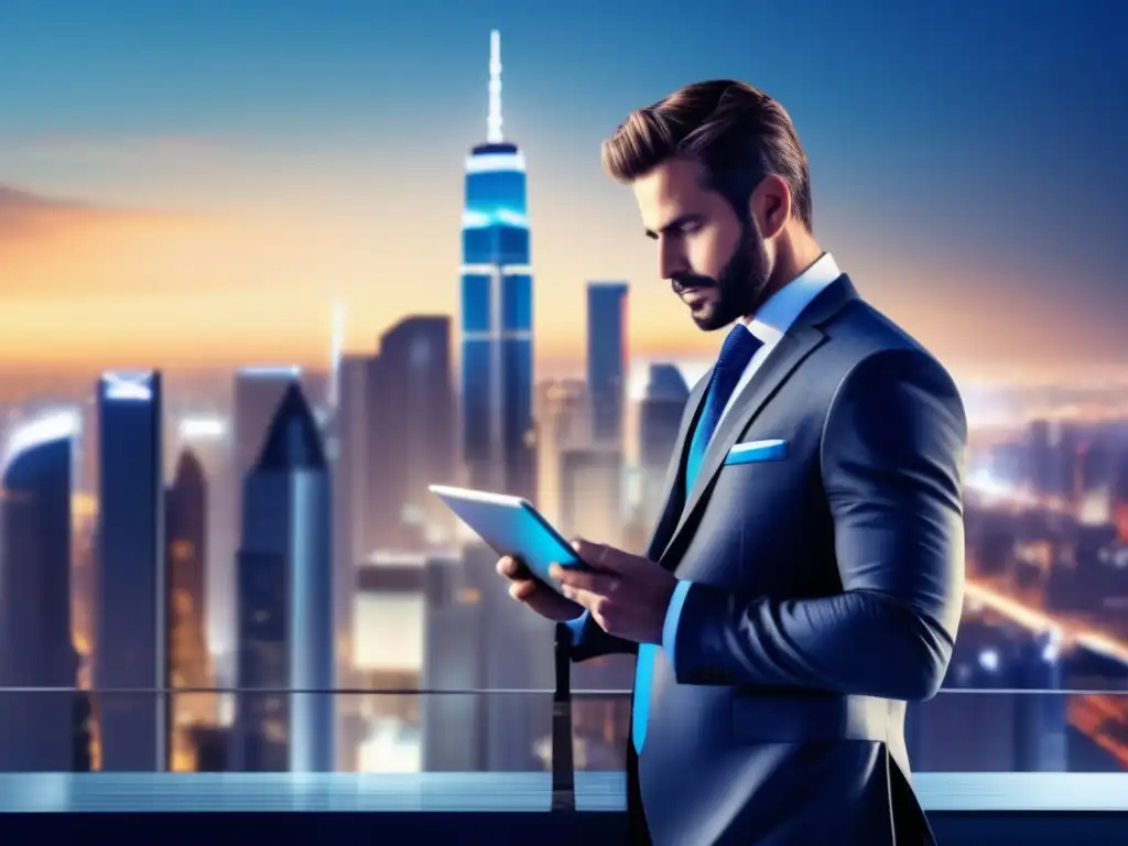 Empresario analizando crecimiento económico en la ciudad Importancia proyecciones crecimiento económico inversión: Hombre de negocios analiza gráficas en panorama urbano