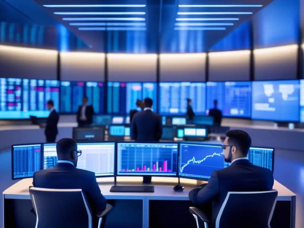 Futuro del trading de alta velocidad Importancia psicología trading algorítmico: Traders analizando pantallas con datos de mercado en un piso de trading futurista
