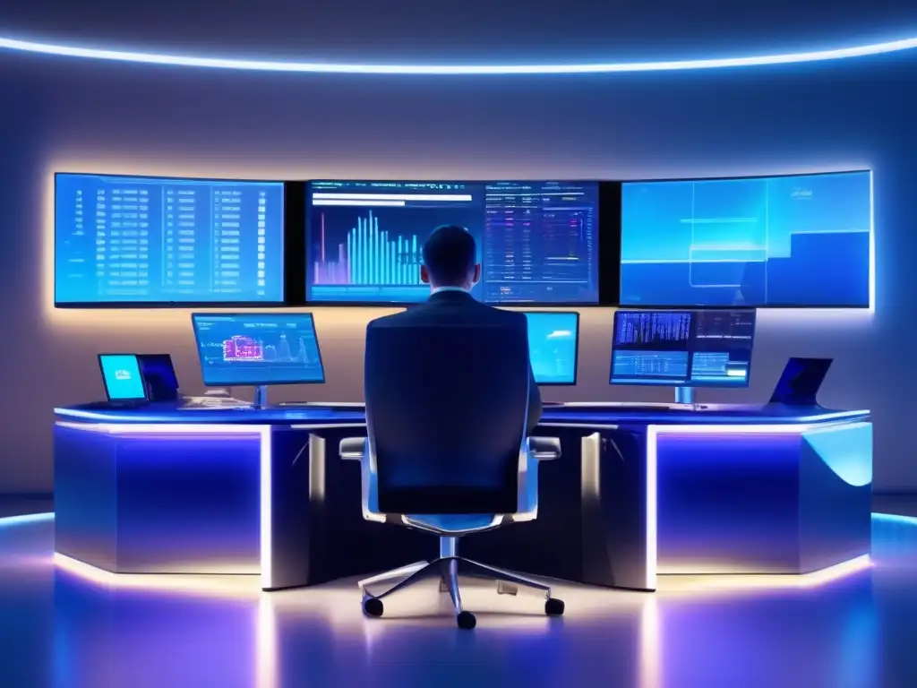 Escritorio de trading futurista con tecnología avanzada Importancia psicología trading algorítmico: Traders profesionales en sala de operaciones futurista