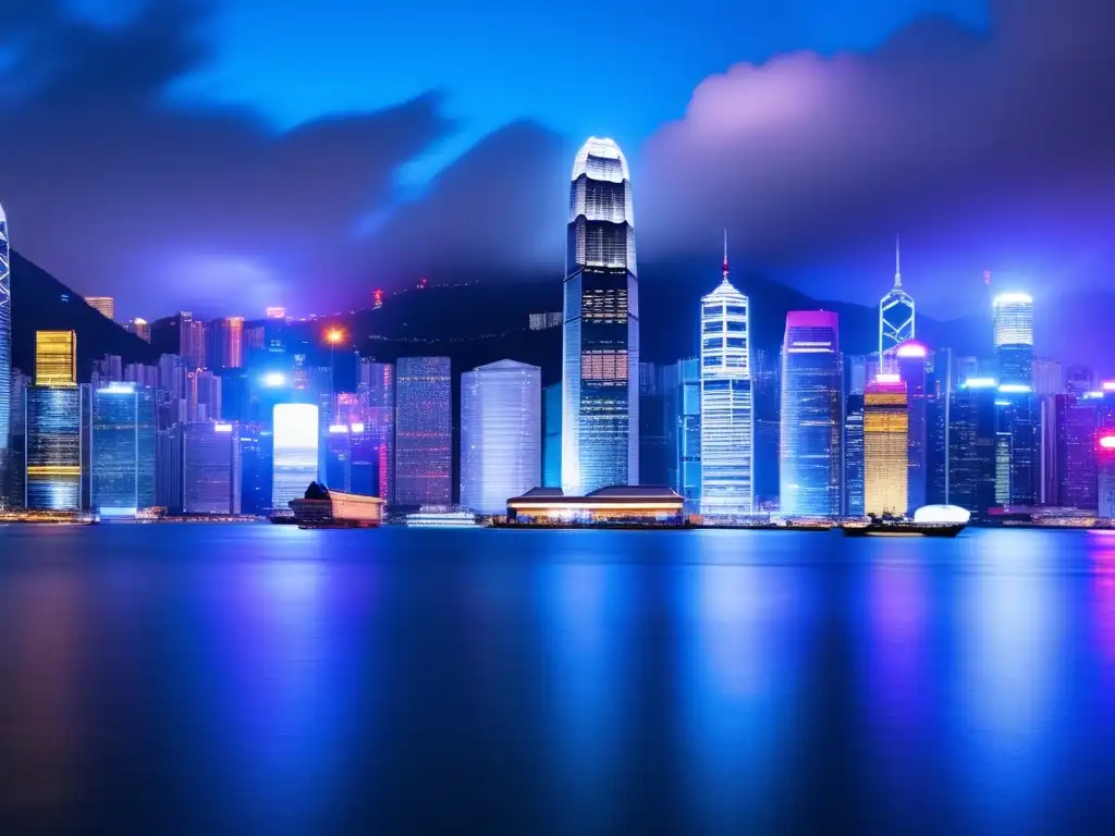 Hong Kong skyline at dusk Importancia de Hong Kong como puente de inversión en su icónica y futurista imagen nocturna de skyline, reflejado en aguas tranquilas