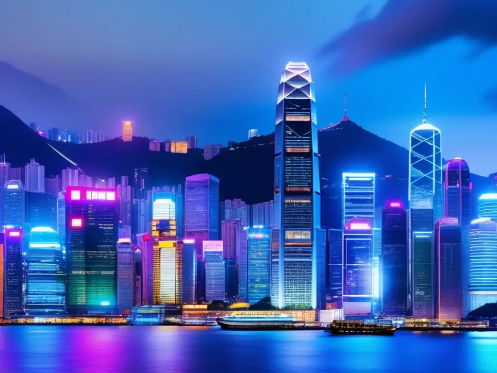 Impresionante skyline de Hong Kong al atardecer Importancia de Hong Kong como puente de inversión en su icónica y vibrante skyline al anochecer