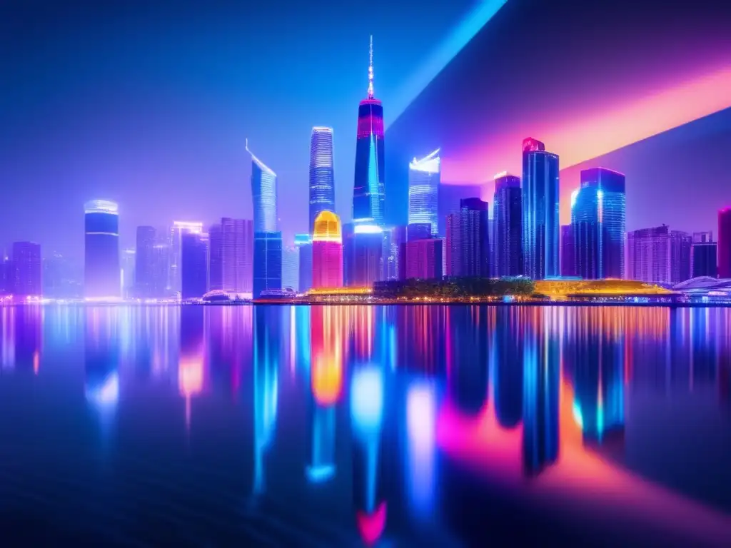 Ciudad nocturna reflejada en río Importancia de redes sociales en inversiones: ciudad nocturna, rascacielos, luces neón, río reflejo, redes sociales financieras