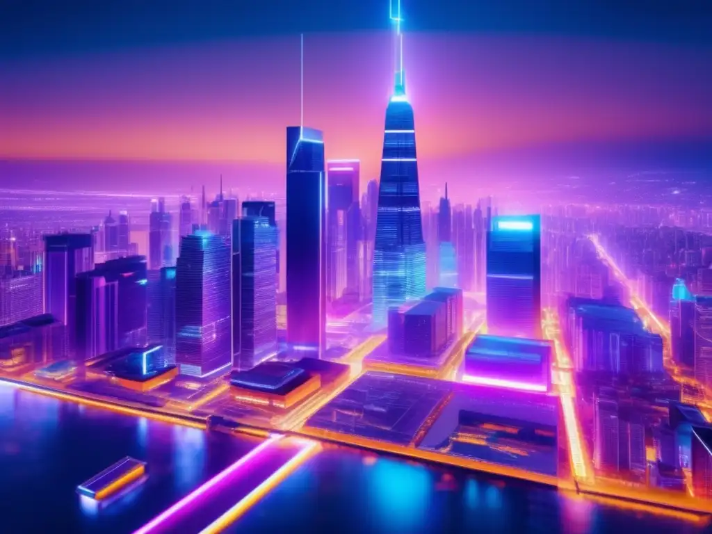 Futurista ciudad nocturna con rascacielos iluminados Importancia de la regulación financiera en la ciudad futurista