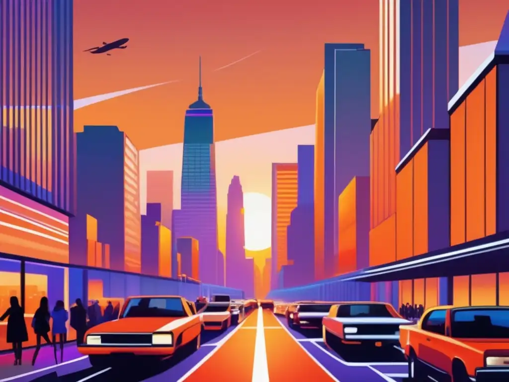 Vista impresionante del distrito financiero en una ciudad moderna Importancia regulación financiera en vibrante distrito financiero al atardecer, con rascacielos, autos y peatones
