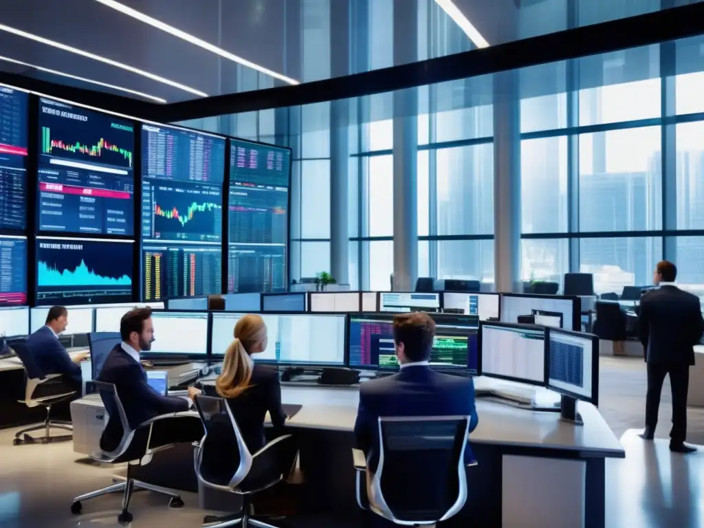 Trading floor moderno y vibrante con traders analizando datos de mercado Importancia índice sentimiento inversor: piso financiero moderno, luz natural, pantallas táctiles y traders analizando datos del mercado