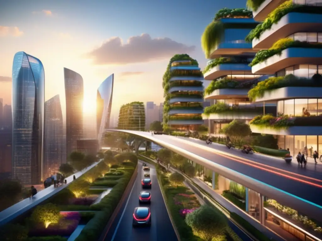 Futuro urbano sostenible Importancia inversión sostenible en infraestructura: ciudad futurista con energía renovable, arquitectura moderna y naturaleza