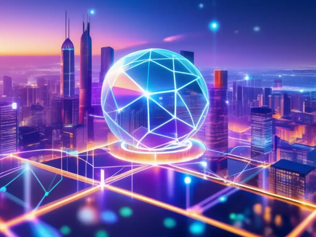 Red de blockchain futurista y vibrante Importancia del staking en blockchain: una red futurista y vibrante con una ciudad llena de rascacielos iluminados y una esfera de blockchain pulsante