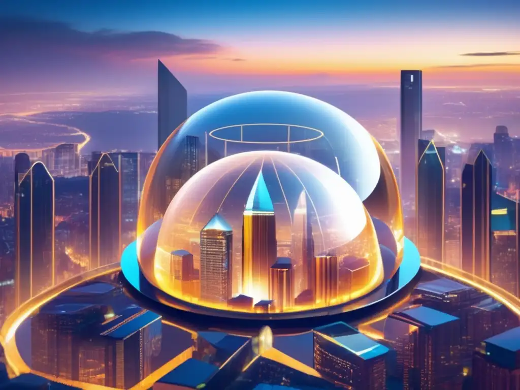 Staking en blockchain: Seguridad y participación activa Importancia del staking en blockchain: ciudad futurista, cúpula transparente con nodos interconectados y circuitos ilustrando el ecosistema