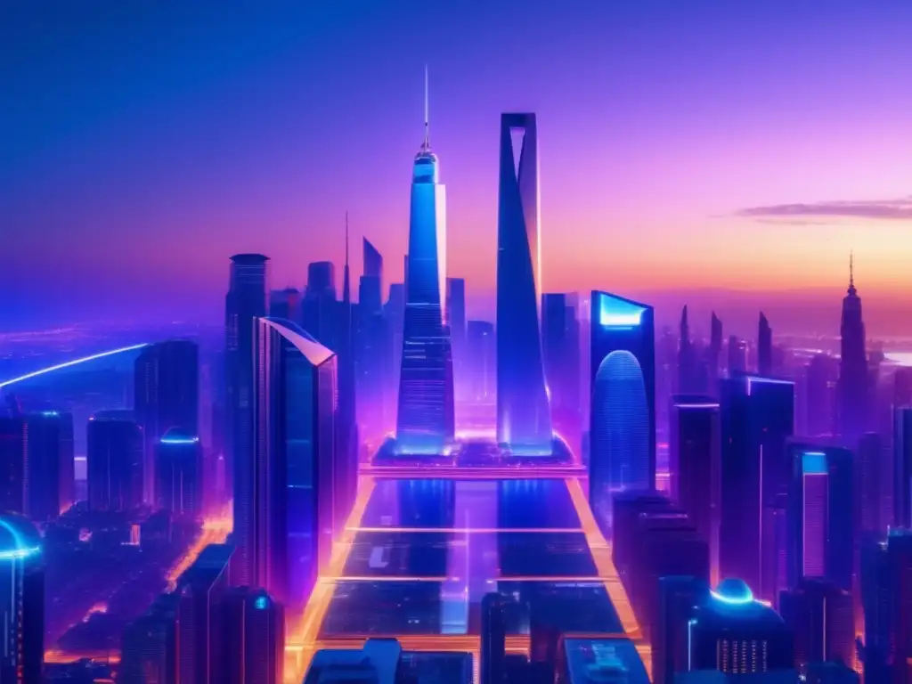 Futuro ciudad tecnológica en la noche Importancia del staking en blockchain: ciudad futurista en 8k, con rascacielos y hologramas