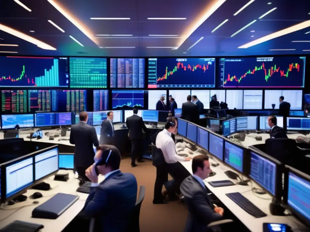 Traders analizando gráficos y tomando decisiones Importancia del volumen en análisis técnicos en el piso de operaciones bursátiles