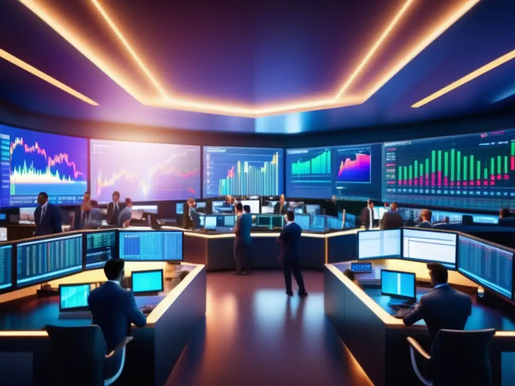 Vibrante piso de bolsa con tecnología moderna Importancia del volumen en análisis técnicos en piso de operaciones bursátiles con tecnología moderna y traders entusiastas