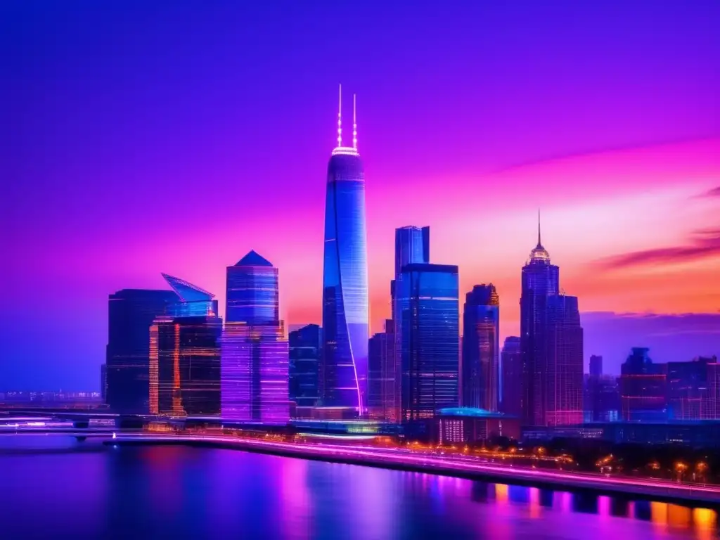 Ciudad moderna iluminada al atardecer Impresionante ciudad al atardecer, símbolo de riesgo de diversificación excesiva