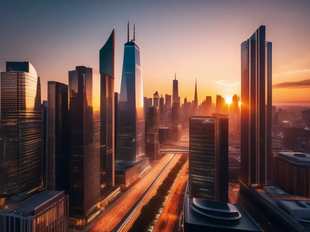 Ciudad moderna al atardecer, rascacielos y vida urbana Impresionante ciudad moderna al atardecer, con rascacielos y edificios de vidrio