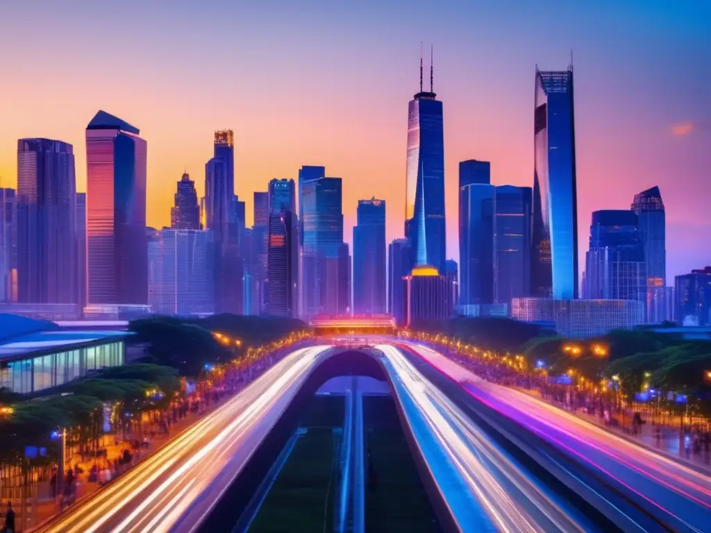 Ciudad moderna al atardecer Impresionante ciudad moderna al atardecer