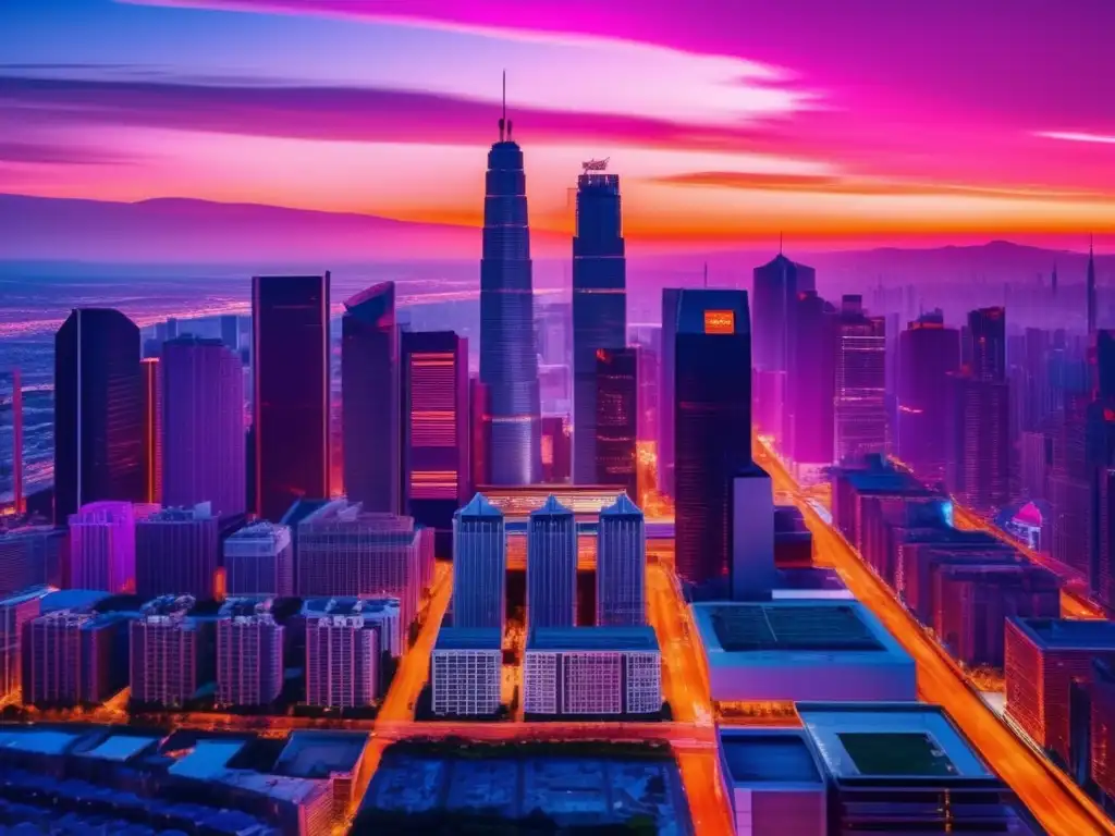 Ciudad financiera al atardecer con magnifying glass Impresionante ciudad panorámica al atardecer con rascacielos modernos y cielo naranja y rosa