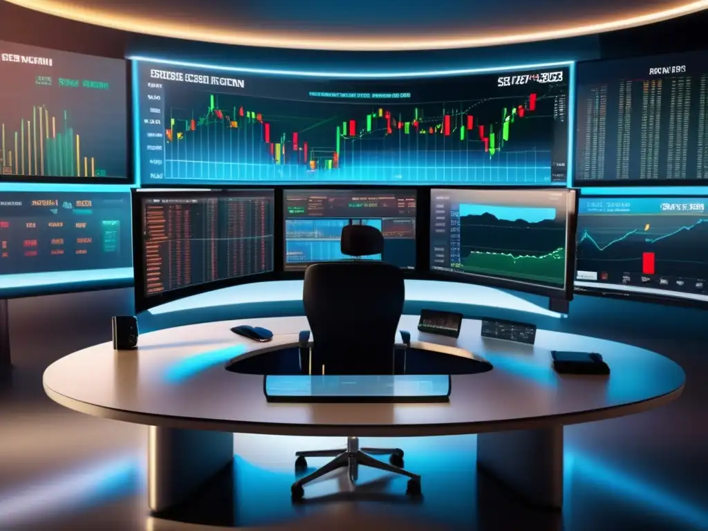 Escritorio de trading moderno con indicador SAR Parabólico Un impresionante escritorio de trading moderno en 8K muestra gráficos de la Bolsa en tiempo real
