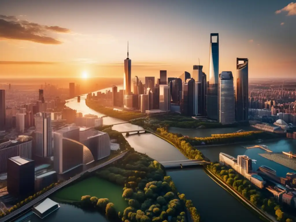 Ciudad moderna al atardecer Una impresionante imagen en 8k que muestra una ciudad bulliciosa al atardecer, con un moderno horizonte de rascacielos y un entorno verde
