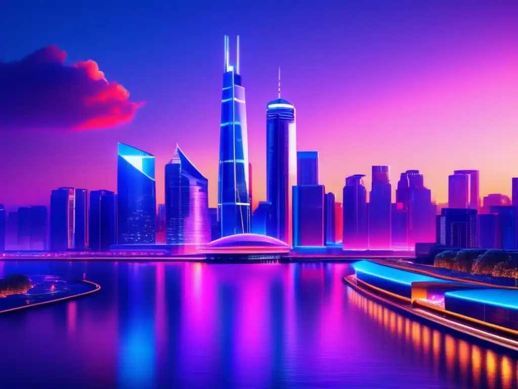 Ciudad futurista iluminada con neon (50 caracteres) Impresionante imagen 8k de una ciudad futurista al atardecer, con rascacielos iluminados por luces de neón reflejándose en un río tranquilo
