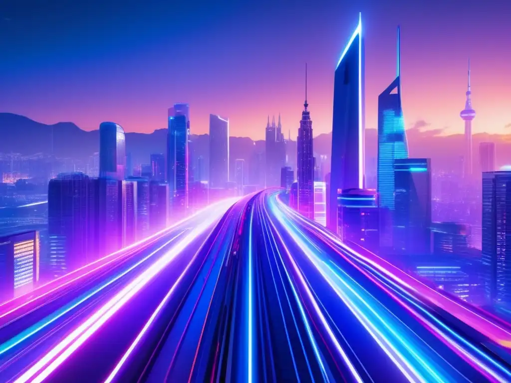 Futuro skyline con rascacielos y trenes Una impresionante imagen muestra una ciudad futurista con rascacielos imponentes y luces de neón vibrantes