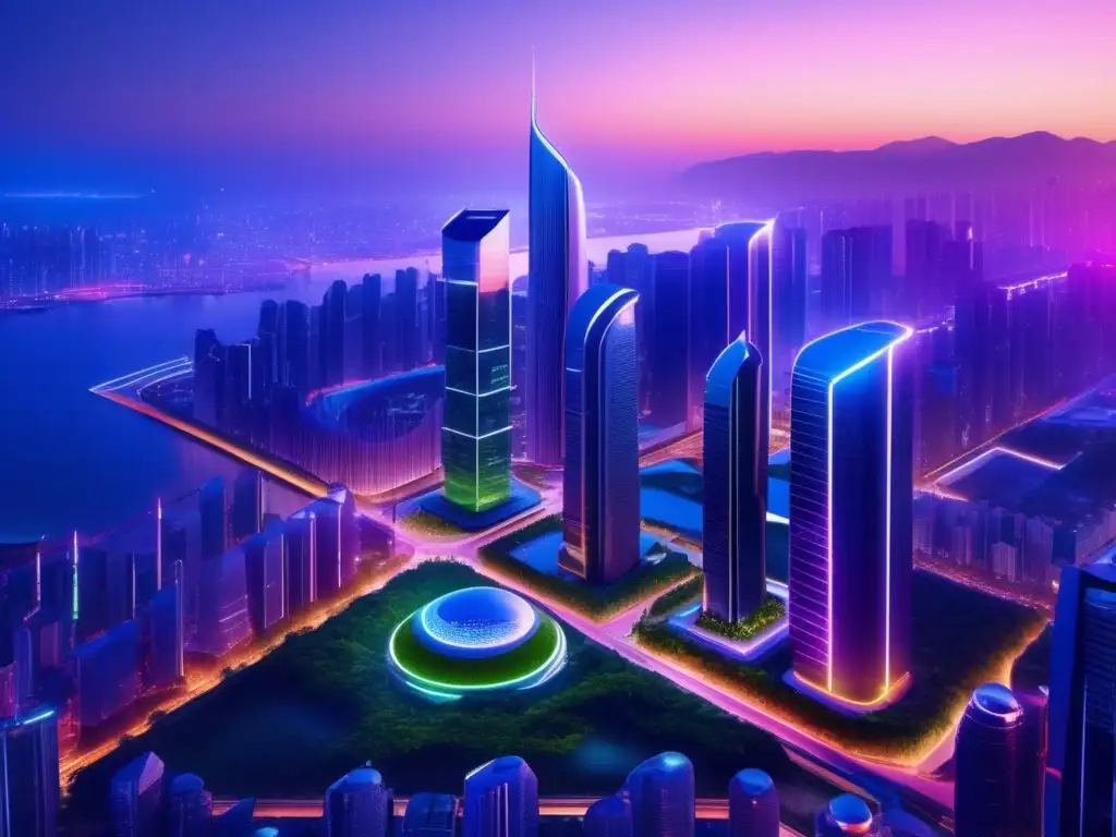 Futuro urbano sostenible: mezcla de naturaleza y arquitectura Una impresionante imagen en 8k de una ciudad futurista al atardecer, con rascacielos de vidrio y acero, iluminada por luces de neón vibrantes