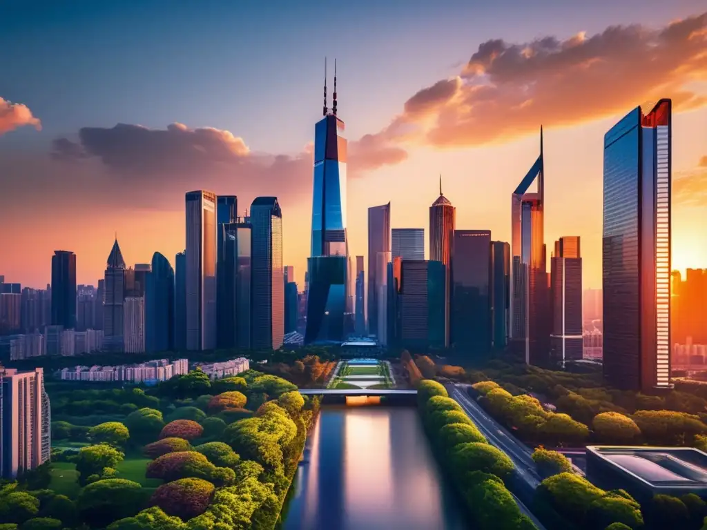 Impresionante ciudad moderna al atardecer Impresionante imagen en 8k de una ciudad moderna al atardecer, con rascacielos de vidrio reflejando los tonos cálidos del sol
