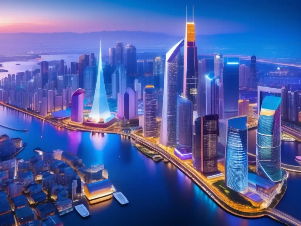 Ciudad diversa e integrada con diversificación efectiva Impresionante imagen de una diversa ciudad al atardecer, con rascacielos iluminados y mapa mundial detallado