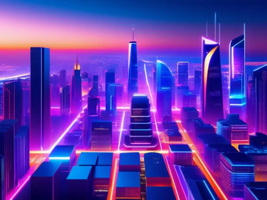 Ciudad futurista: datos, IA y predicción Impresionante imagen 8K de una futurista ciudad nocturna con rascacielos, arquitectura moderna y visualizaciones de datos avanzadas